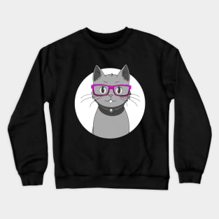 Cute Grey Cat with Nerdy Pink Glasses - Anime Shirt Crewneck Sweatshirt